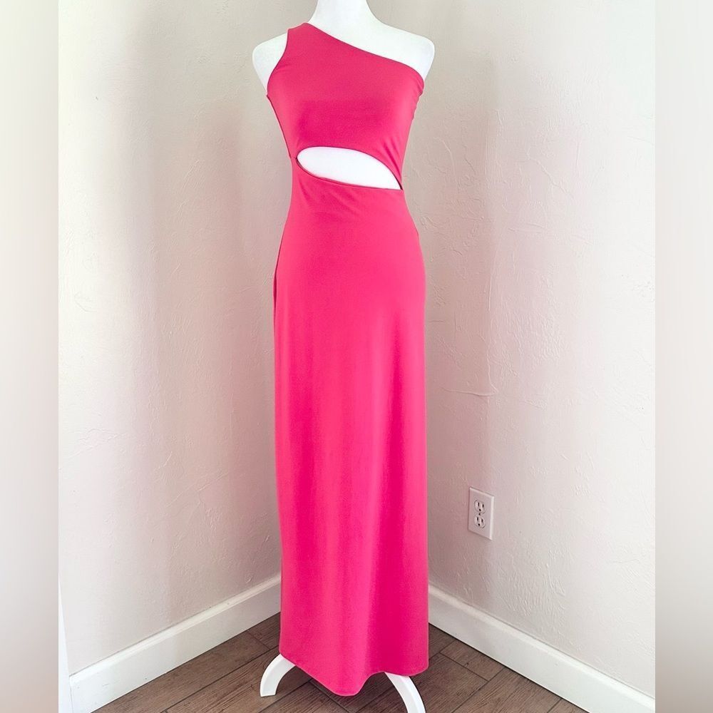 NWT Susana Monaco Cut Out One Shoulder Maxi Dress w/ Side Slit Watermelon Pink S
